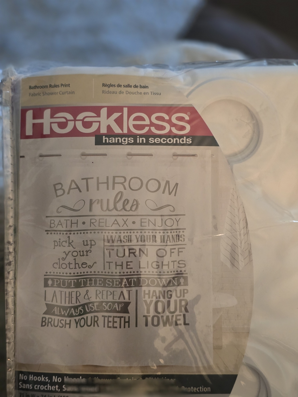 Hookless Bathroom Rules Fabric Shower Curtain
